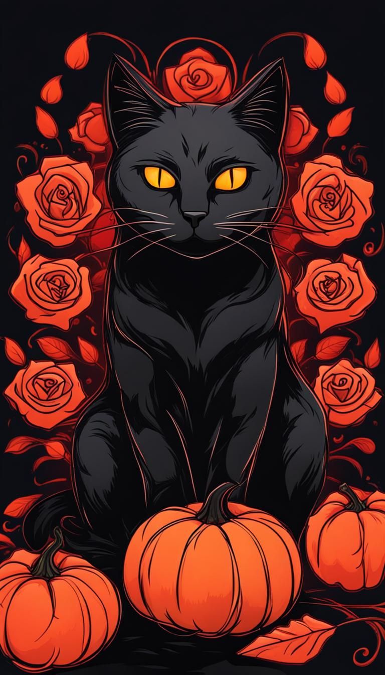 Gothic Cartoon Cat with Roses and Pumpkins