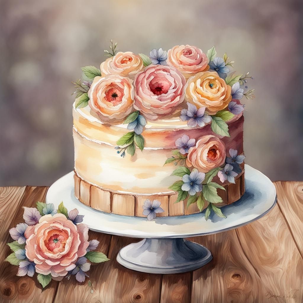 Watercolor Cake with Floral Decoration on Wood