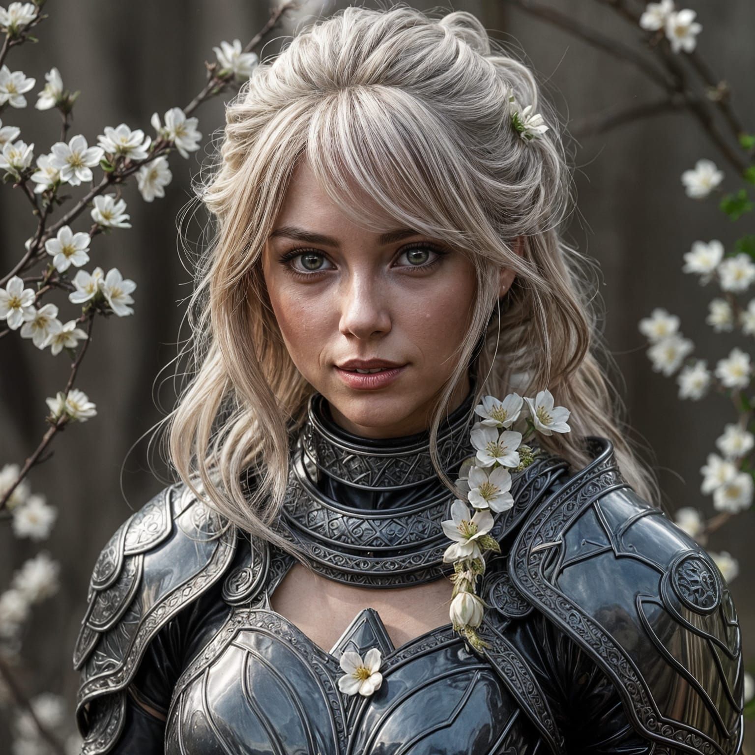 Woman in Latex Armor with Blossoms