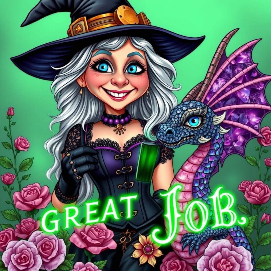 Steampunk Witch and Mosaic Dragon in Whimsical Rose Garden