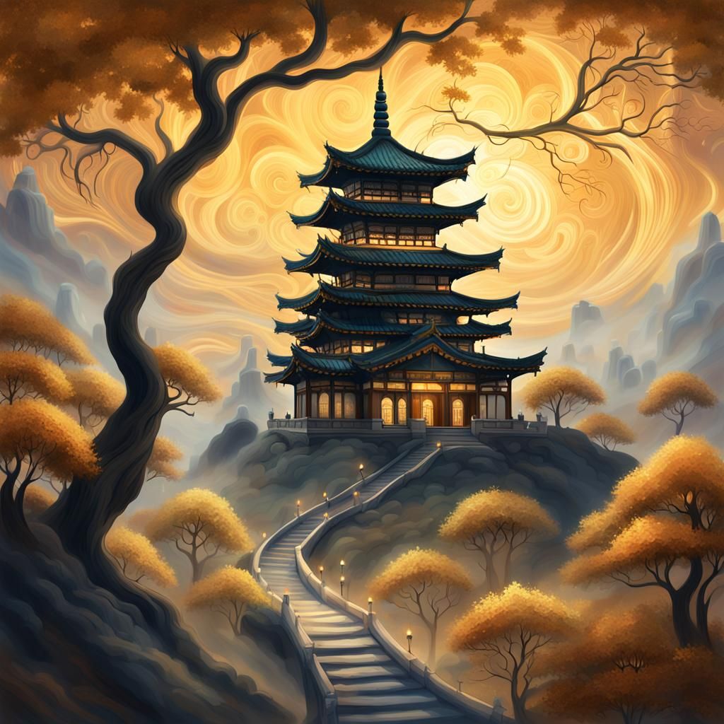 Mystical Pagoda in a Dreamlike Fantasy Landscape