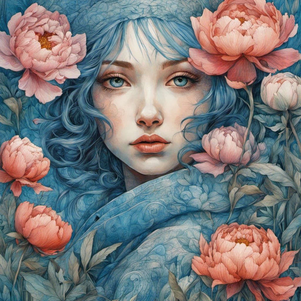 Blue Girl with Peonies in Art Brut Style