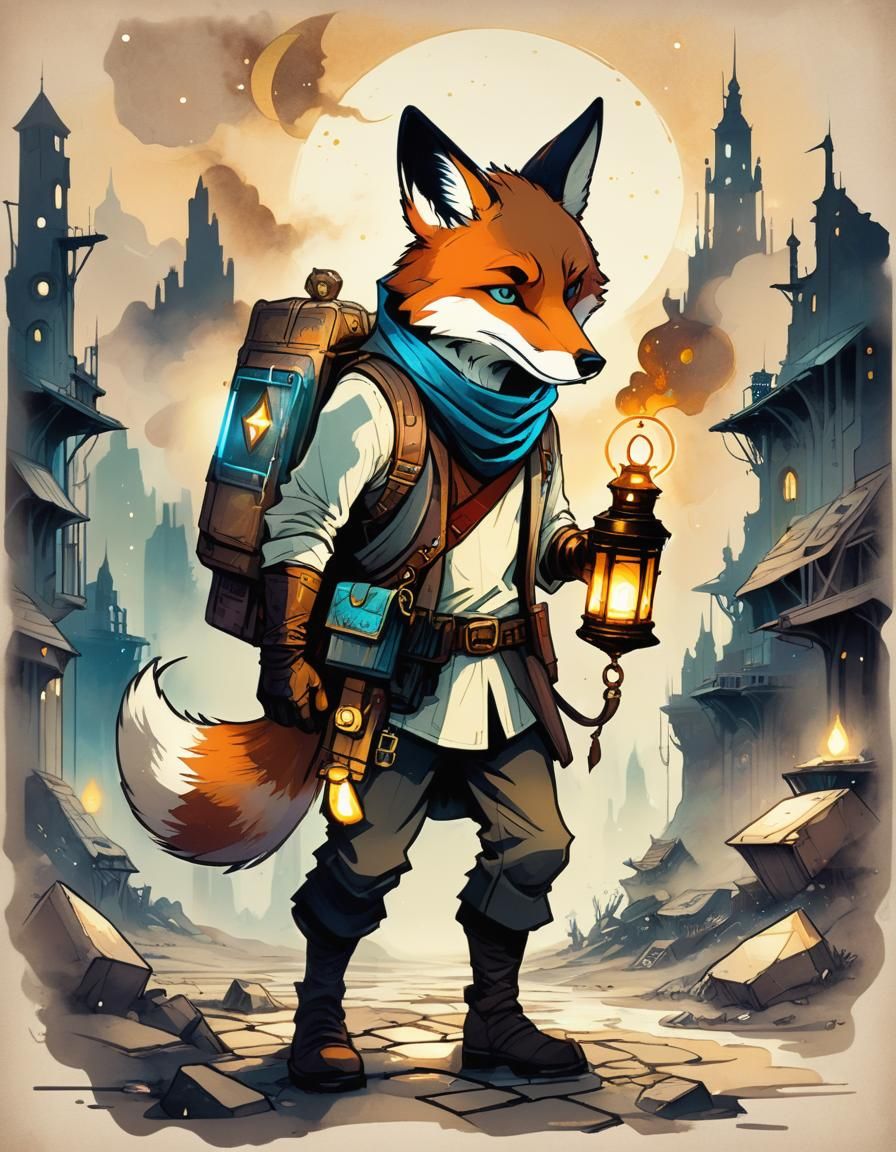 A fox carrying a lantern filled with stardust.