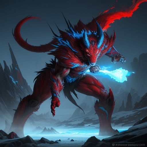 Red Marten Battles on Frozen Field in Sci-Fi Illustration