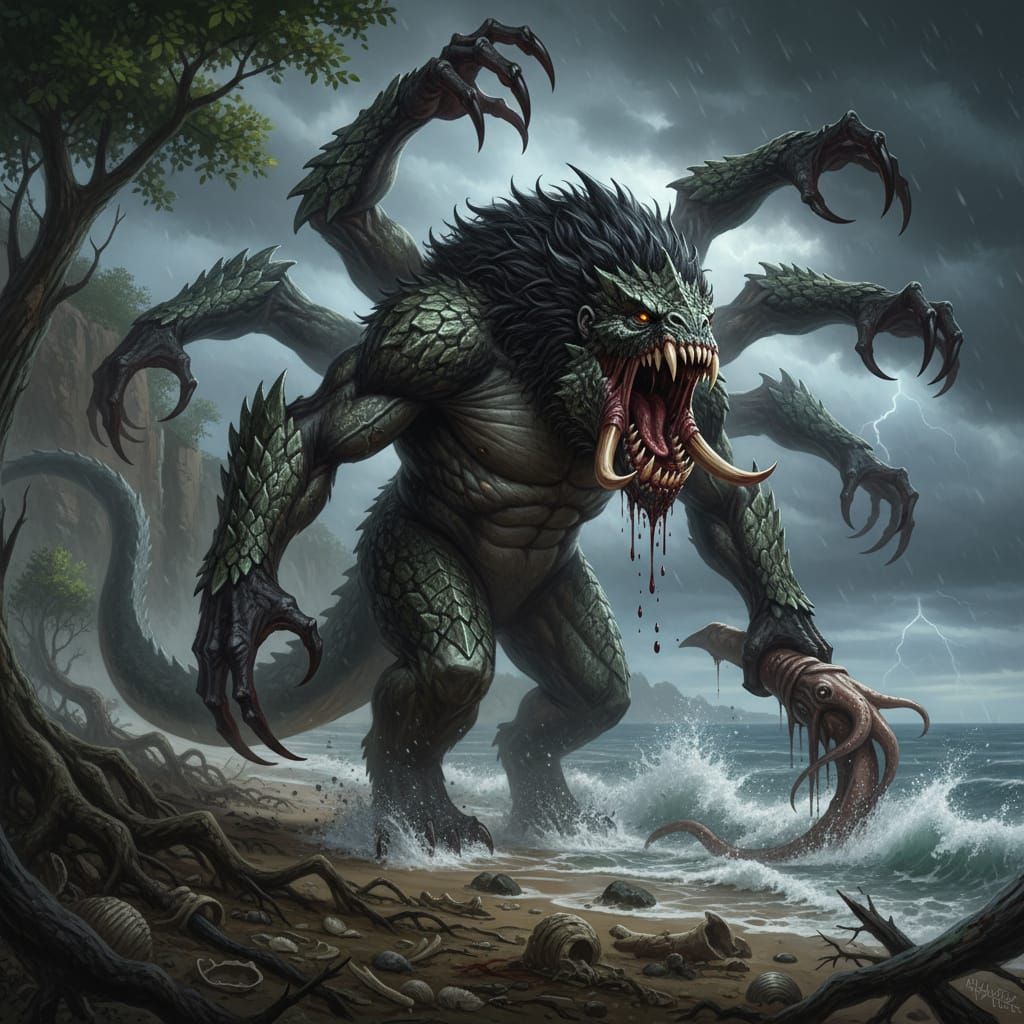 Krogaroth: Hulking Reptilian Beast with Six Arms and Shark T...