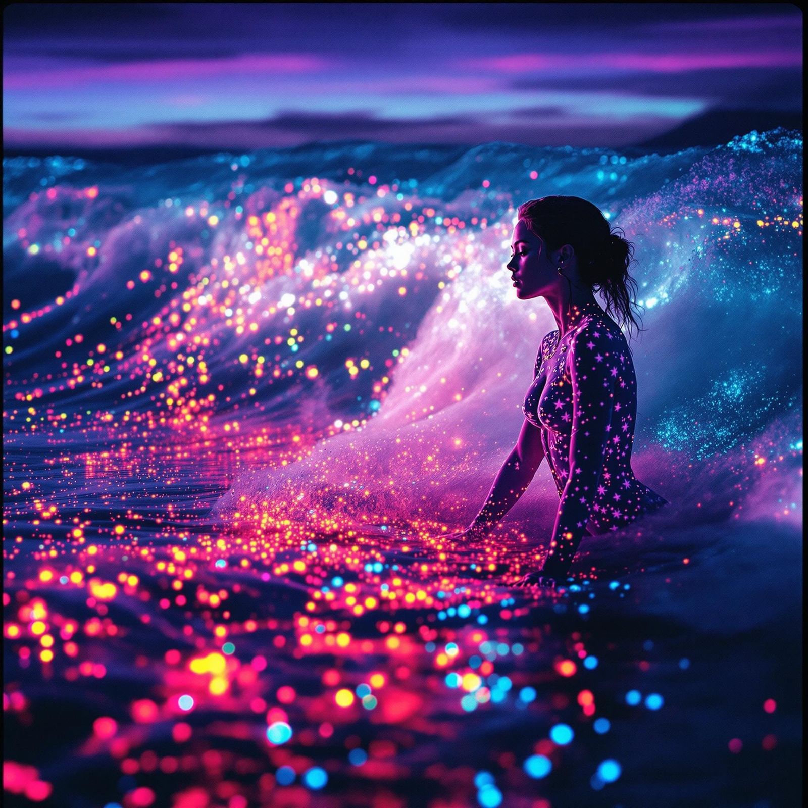 Ethereal Neon Goddess Rides the Dreamlike Waves