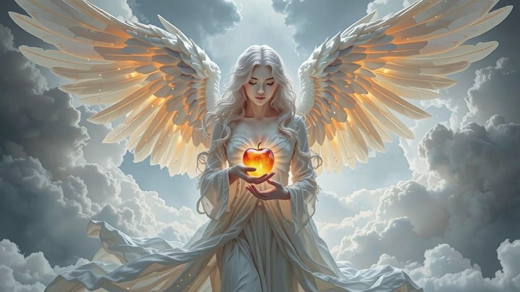 Ethereal Angel with Golden Apple in Dreamy Landscape