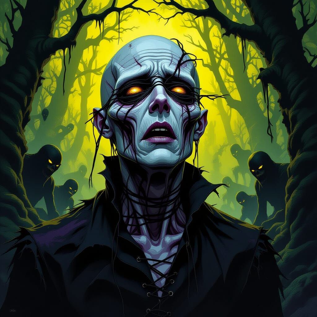 Gaunt Creature With Sewn Eyes in Dark Fantasy Forest