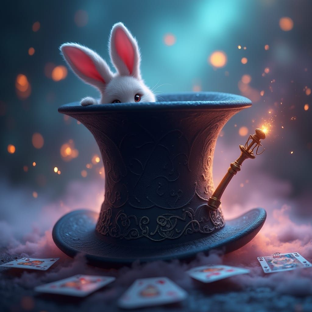 Whimsical Black Magic Scene with Top Hat, Wand, and Fuzzy Bu...