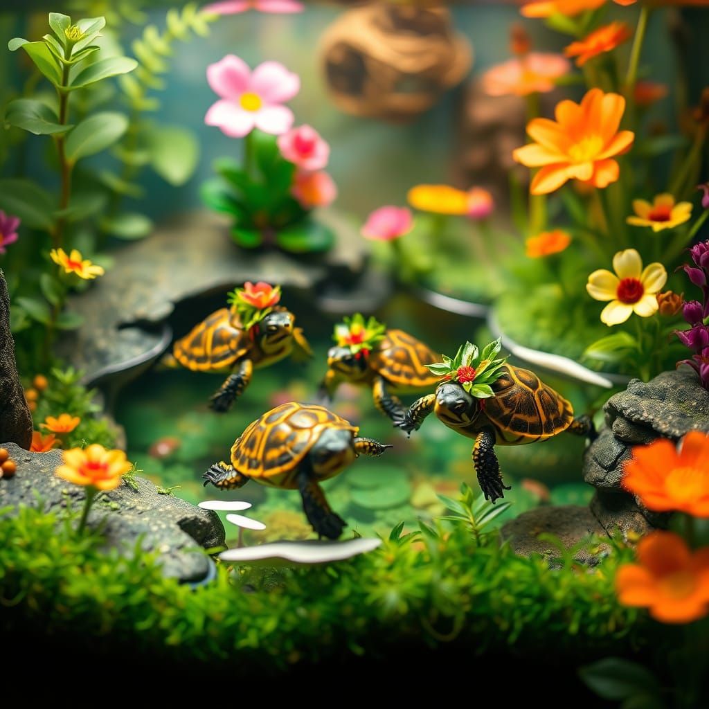 Turtles in a Mini Oasis, Dreamlike Illustration