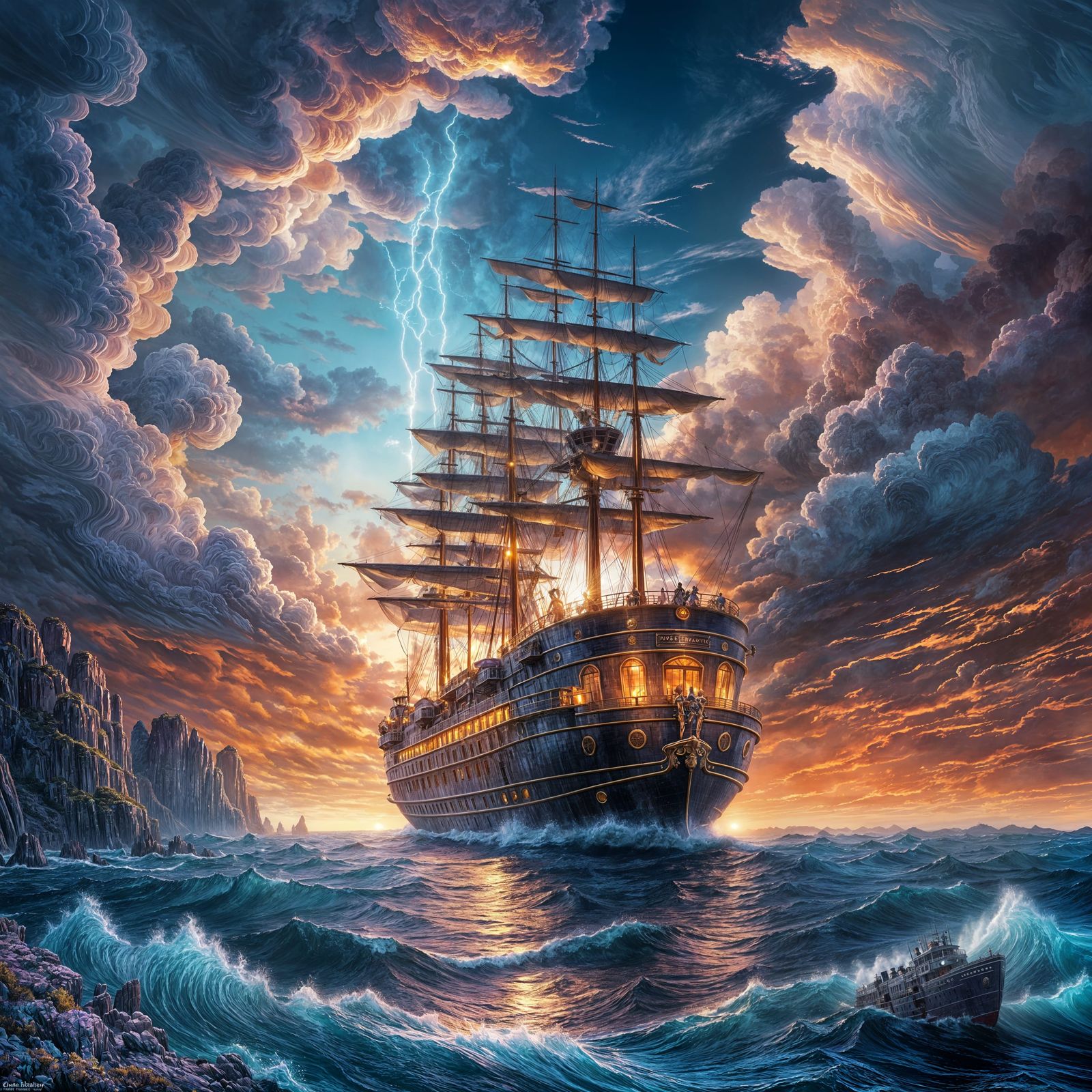 Epic Twilight Steamship Voyage in Fantasy Seascape