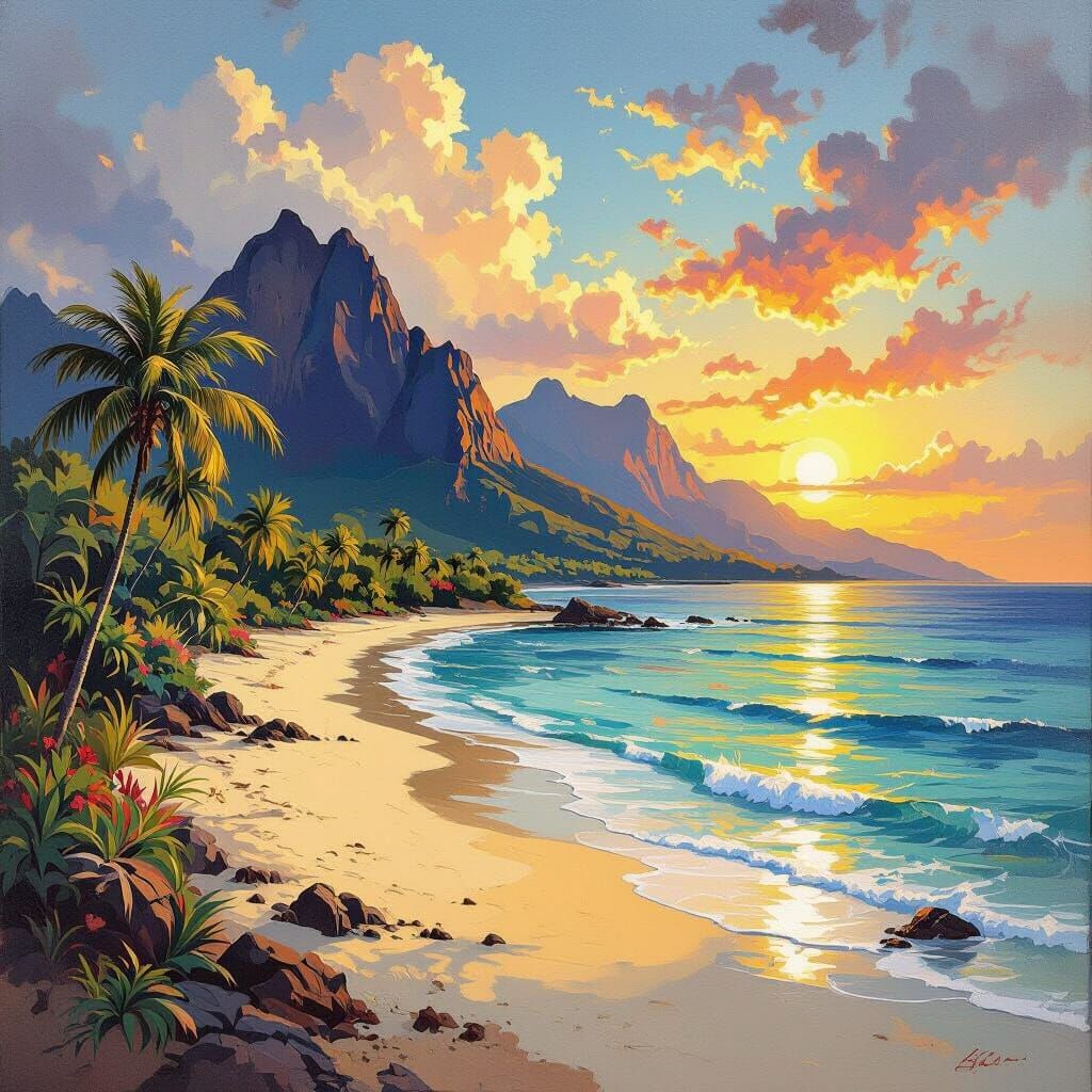 Surreal Oil Painting: Alberta Mountains Meet Mauritius Beach...