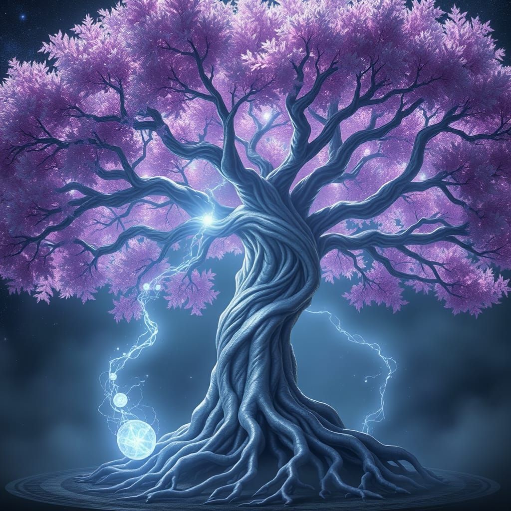 Ancient Silver Tree with Glowing Runes and Ethereal Leaves