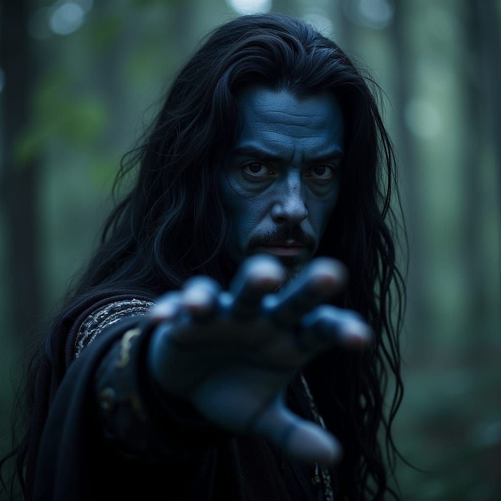 Dramatic Blue Tiefling Bard Cinematic Film Still