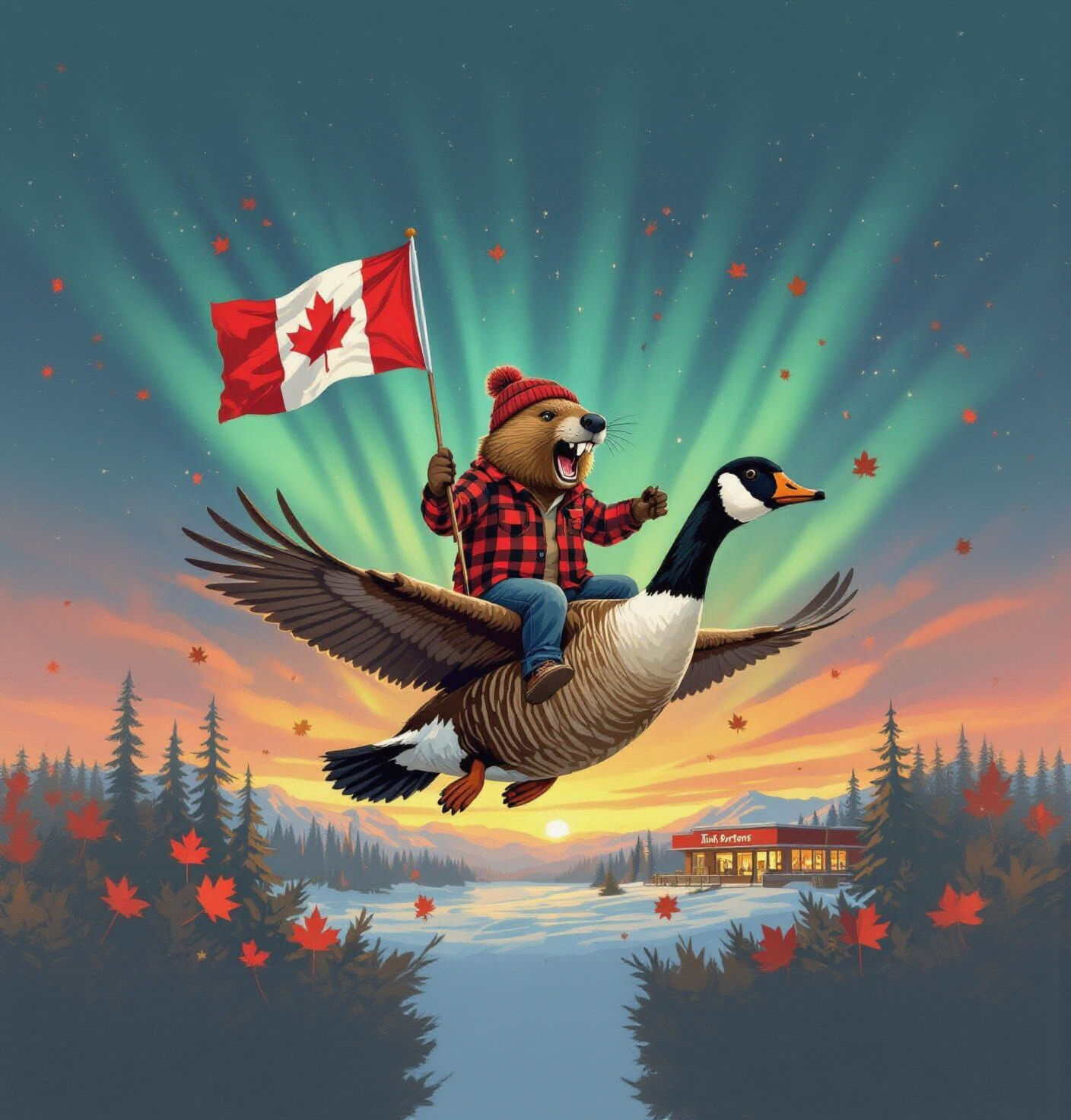 Canadian Beaver Rides Goose with Flag