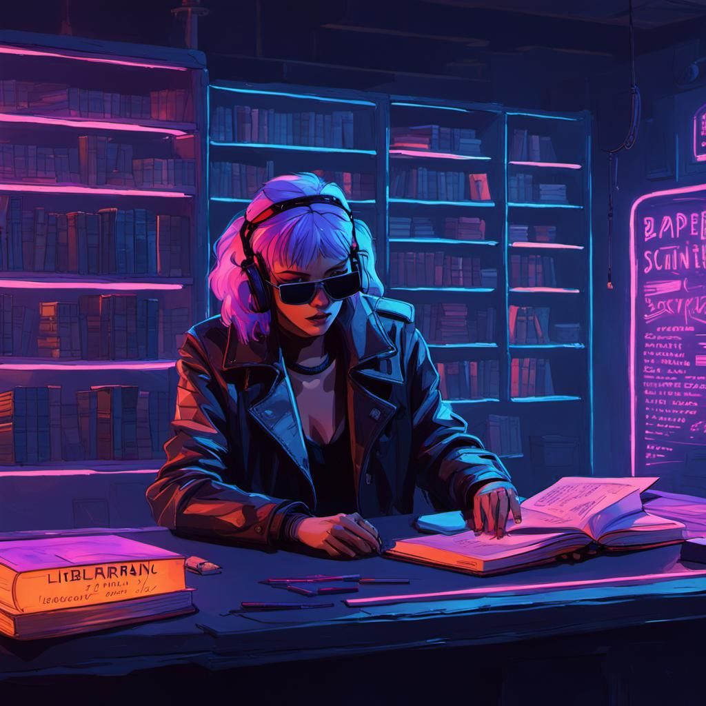 Cyberpunk Library with Neon Lighting