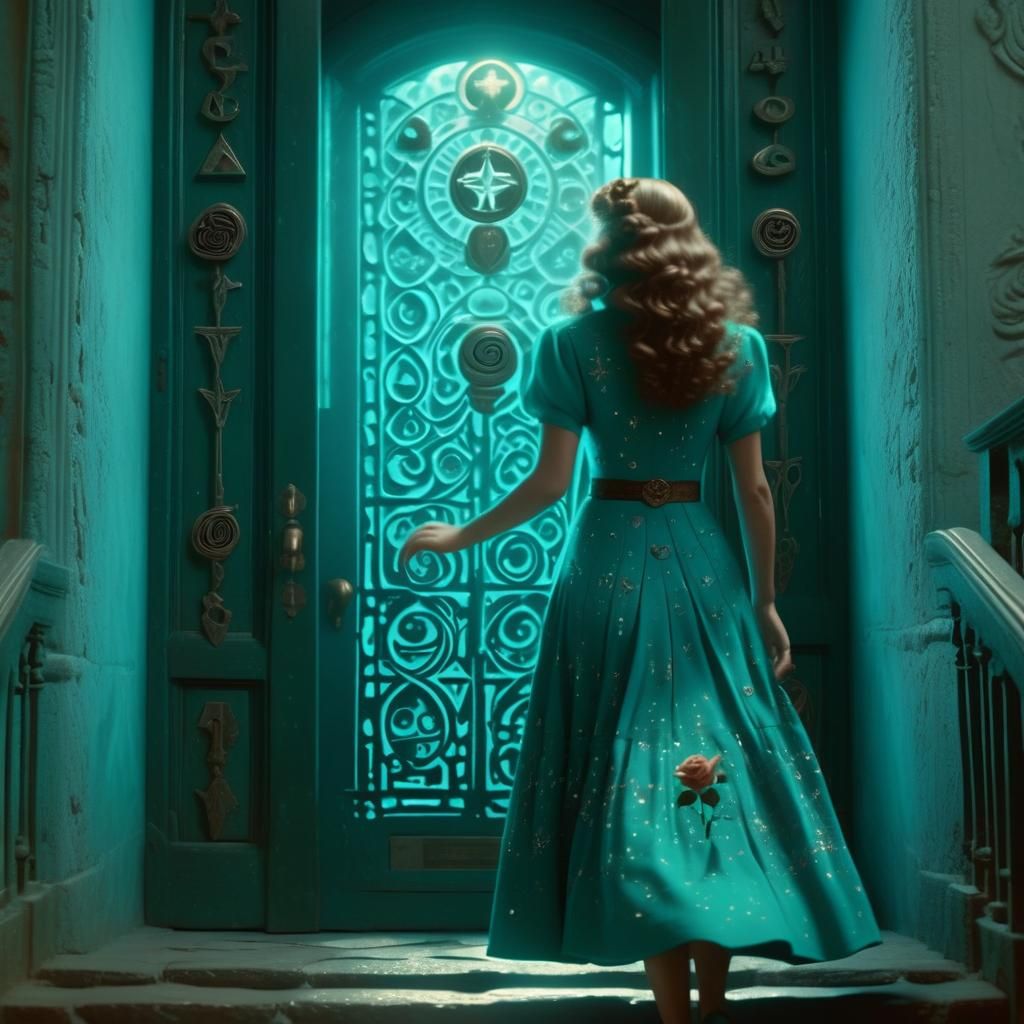 Woman Ascends Crystal Stairs to Mystical Door