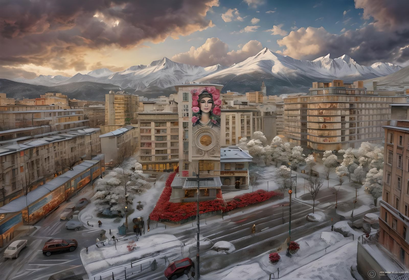 Grenoble Building Fresco: Asian Woman in Roses