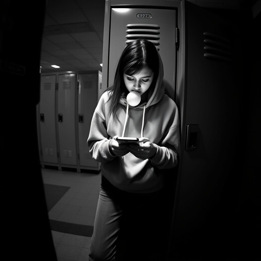 Teenage Girl in Monochrome Film Noir Scene