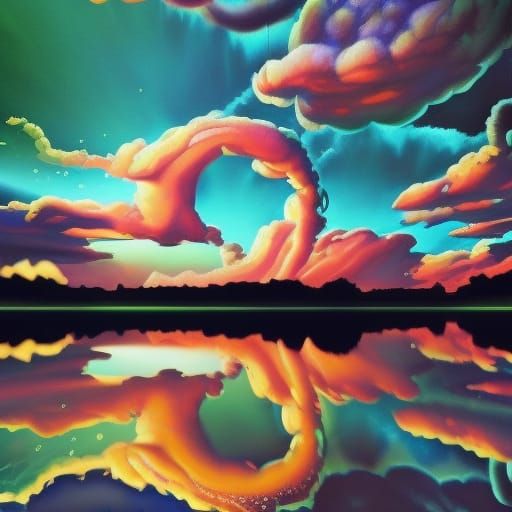 Surreal Sun Face Over Water: Pointillist Digital Art