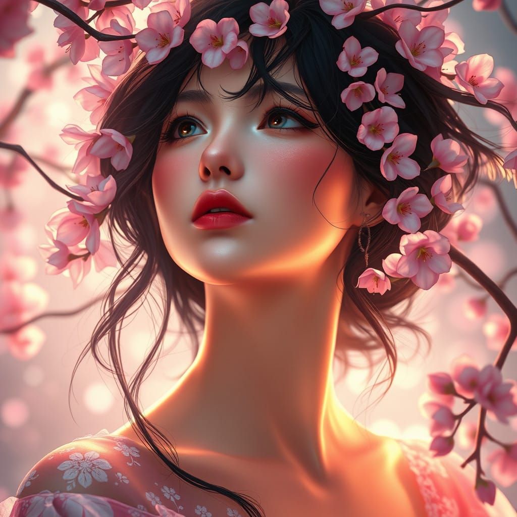 Ethereal Maiden Under Sakura Blossoms