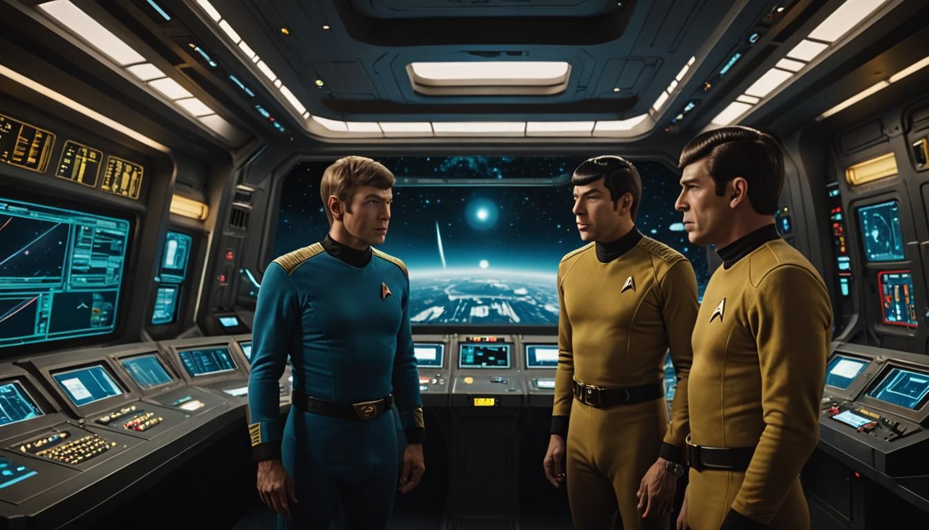 Captain Kirk and Spock on the Enterprise Bridge