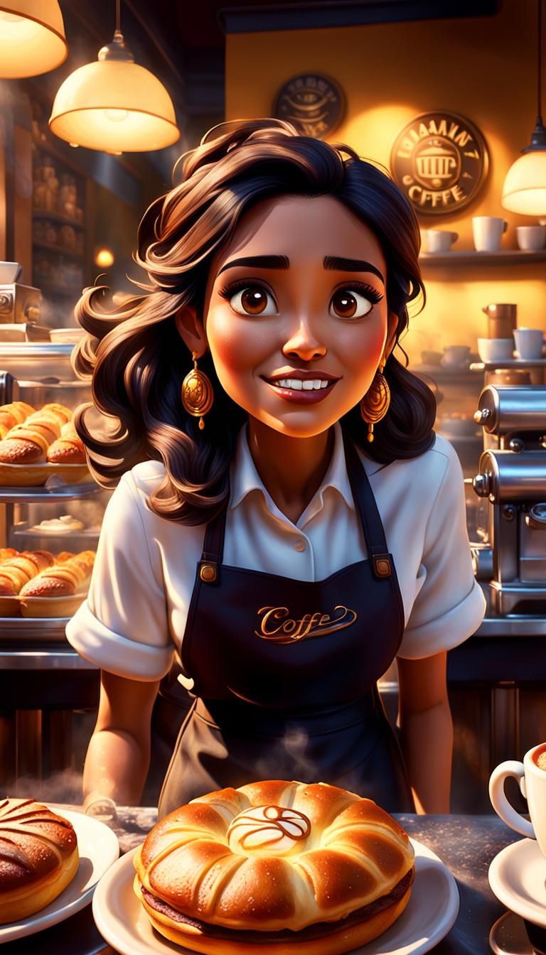 Pixar-Style Latina Barista Girl in a Vibrant Coffee Shop