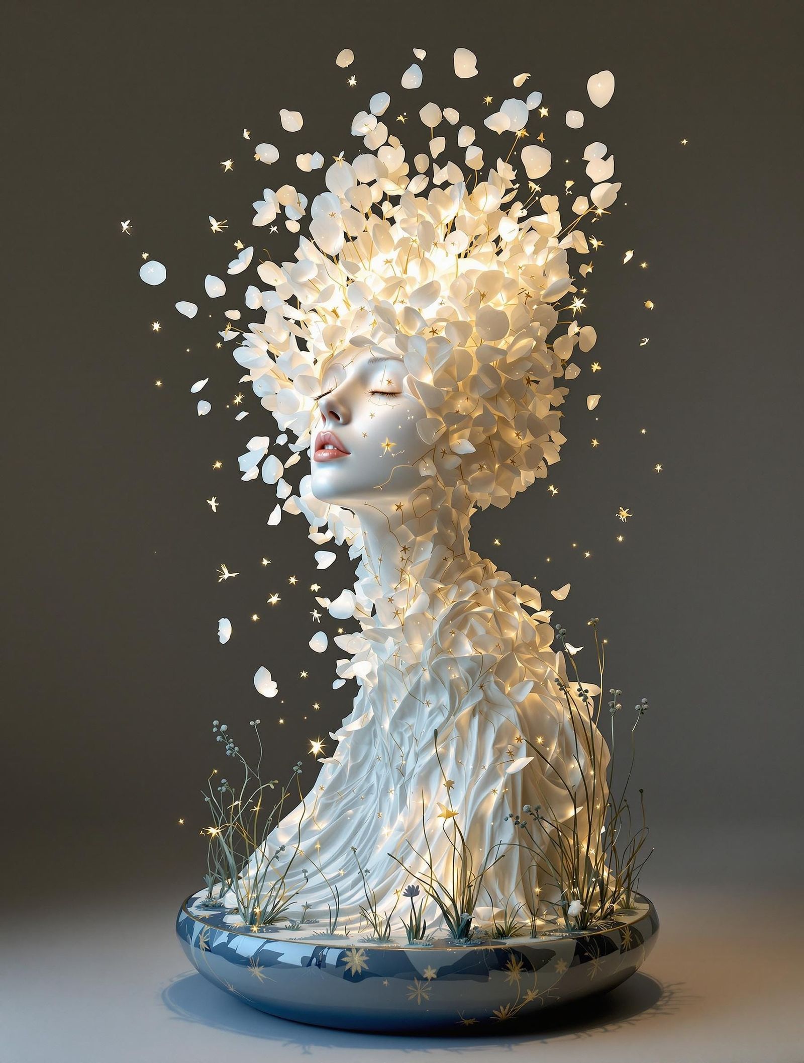 Woman Emerging into Celestial Map in Kinetic Porcelain Sculp...