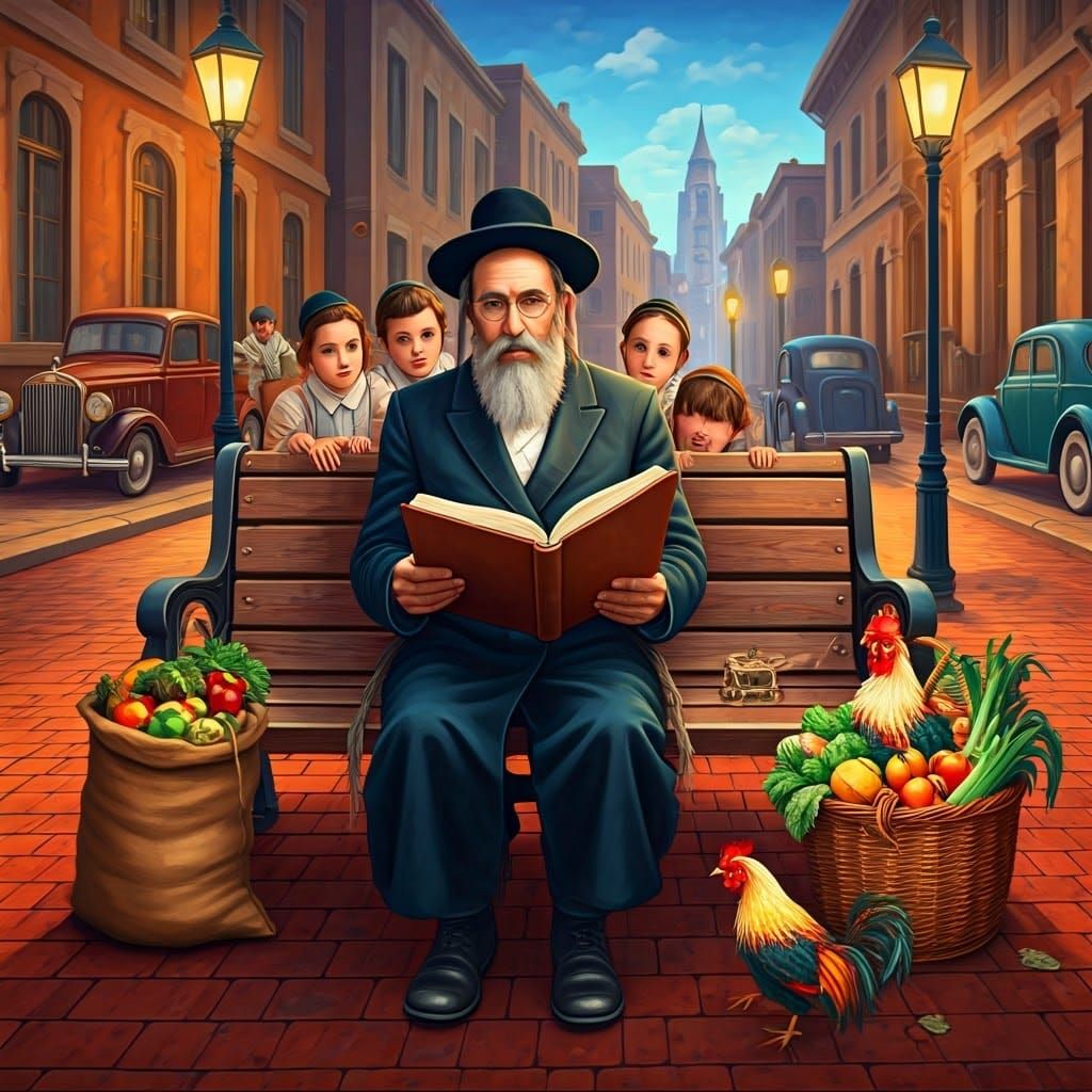 A handsome Haredi Hasidic Jew sits on a busy red street in the 1940s