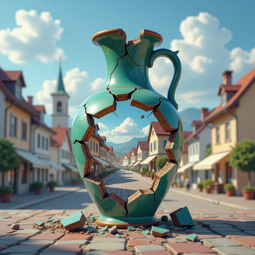 Surreal Town Inside a Broken Vase