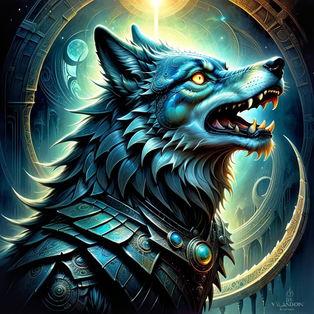 Fantasy Wolf Dragon in Psychedelic Art Style