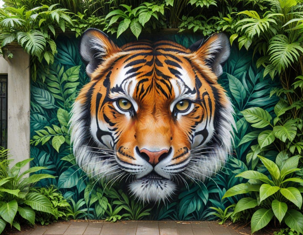 Wild Tiger Emerges from Jungle Mural