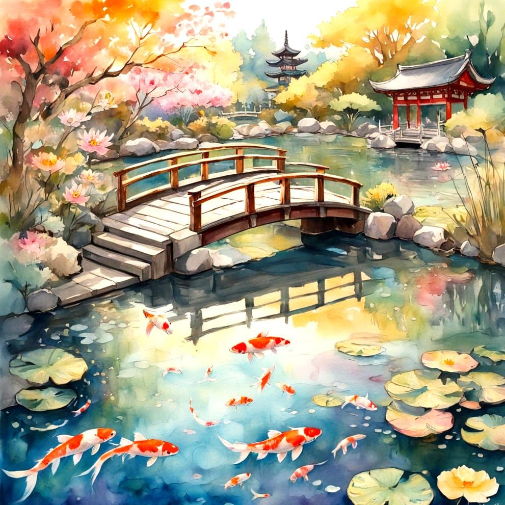 Serene Koi Pond in Kyoto Garden, Watercolour Style