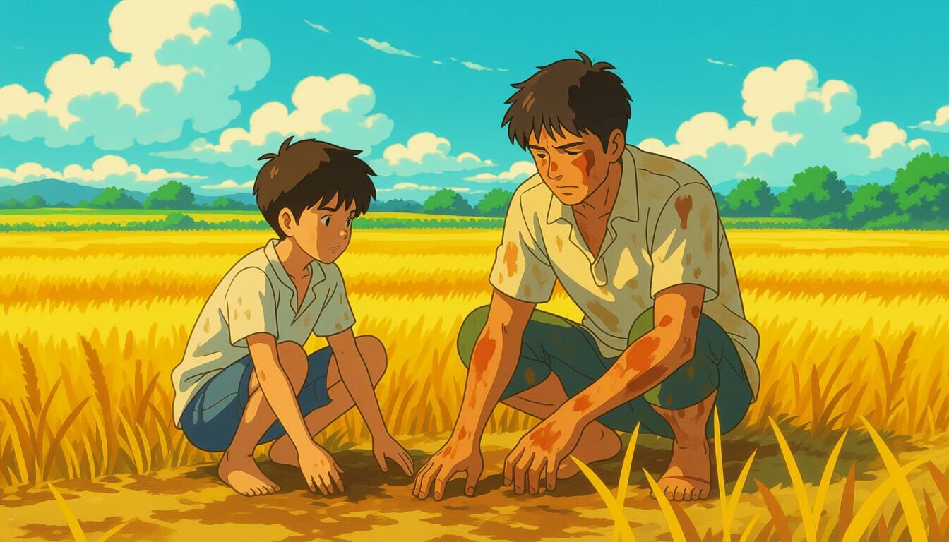 Boy Helps Exhausted Father in Sun-Drenched Field