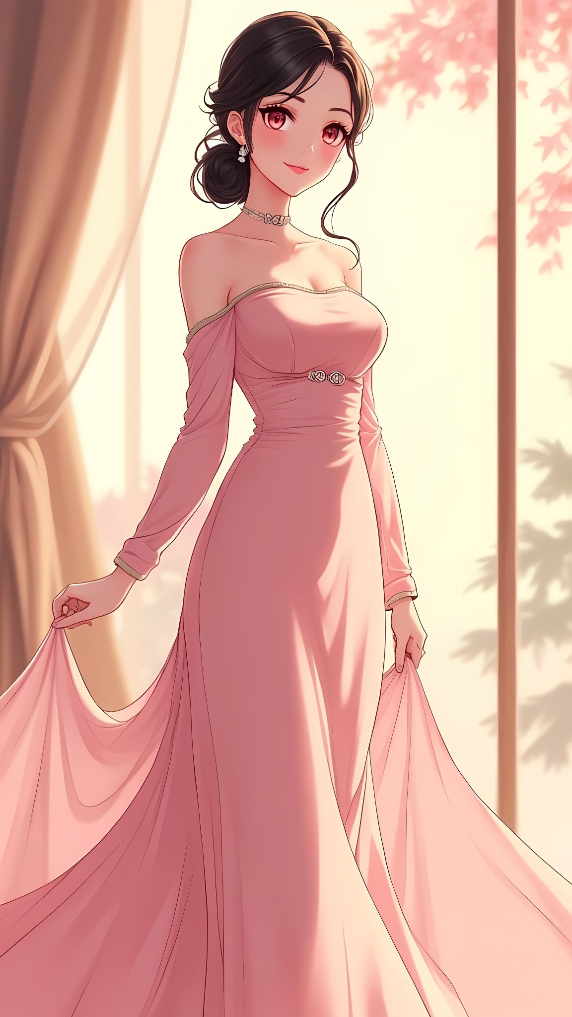 Elegant Anime Woman in Flowing Dress