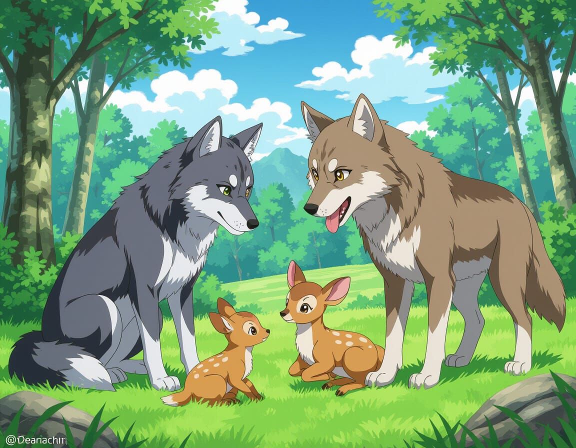 Grey Wolf Family and Fawn in Anime Style