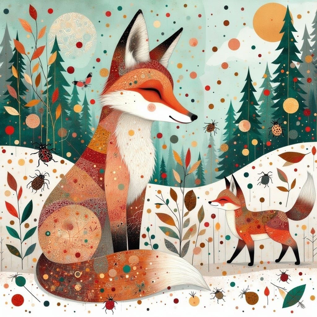 Whimsical Winter Wonderland Scene with Arctic Fox and Pine T...