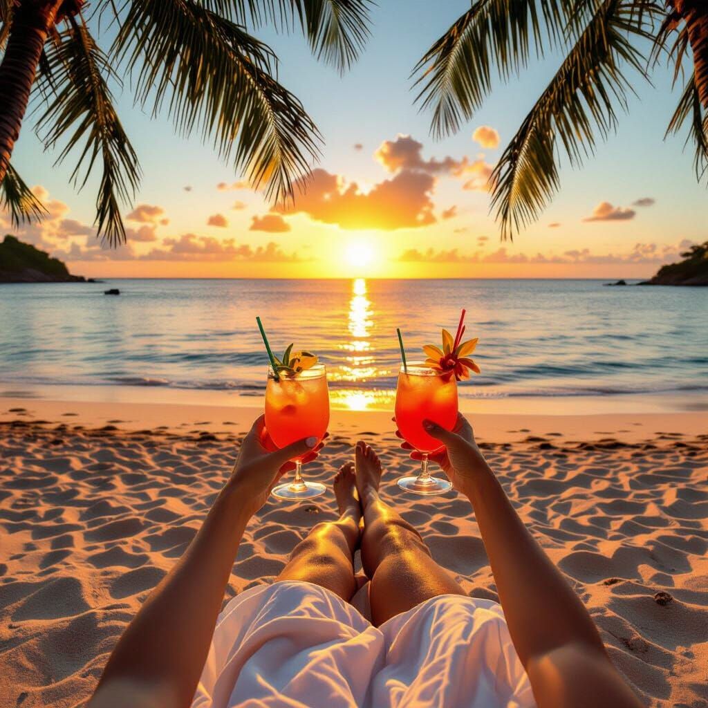 Woman on Beach at Sunset, Tropical Cocktail