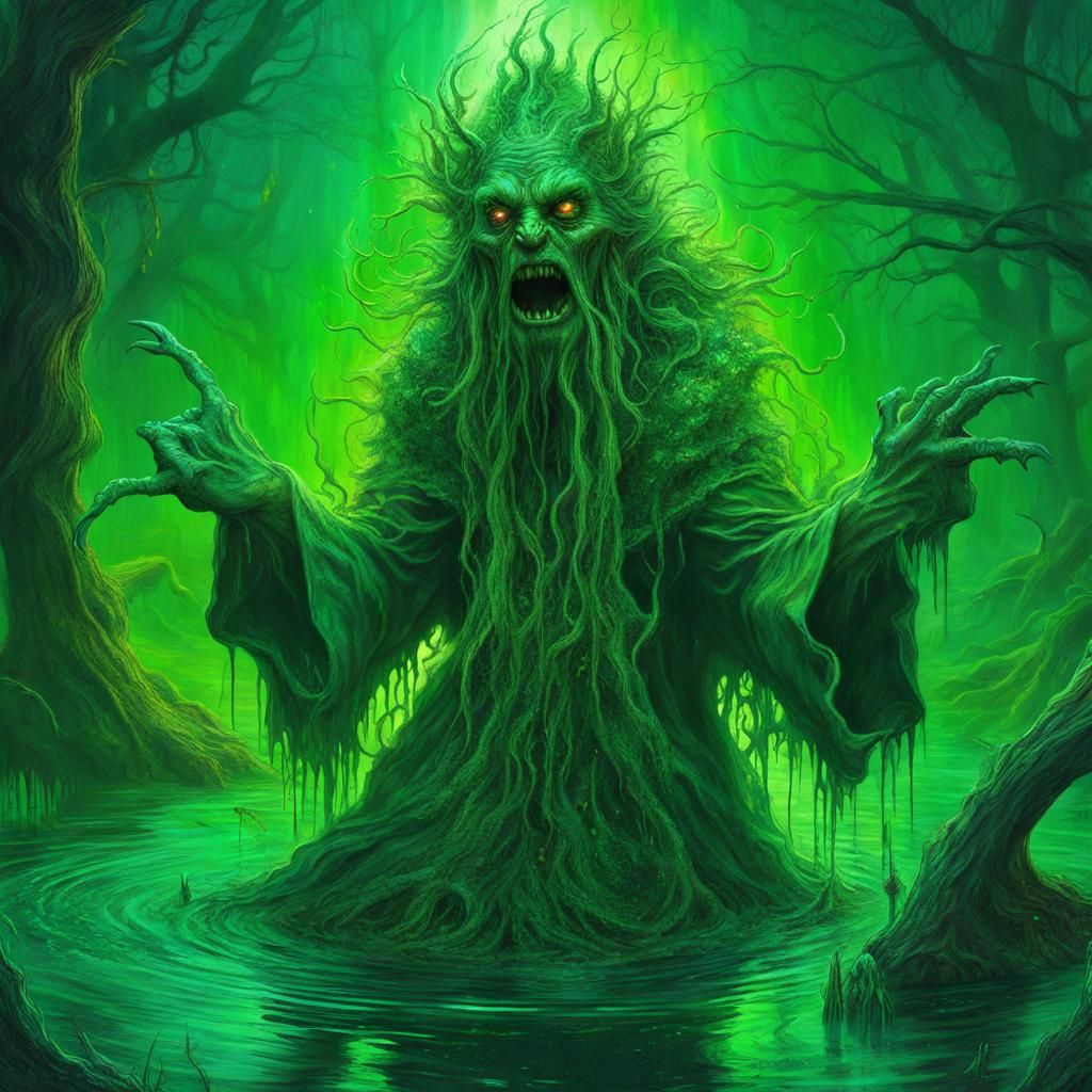 Si fi scary green swamp monster witch, 8k resolution holographic astral cosmic illustration mixed media by Pablo Amaring...