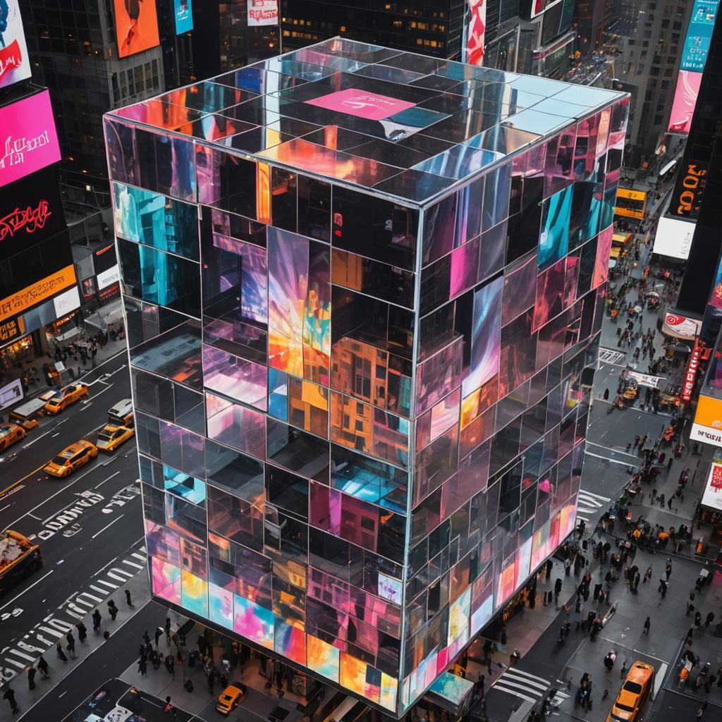 Mirror Cube in Deserted Times Square: A Surreal Reflection