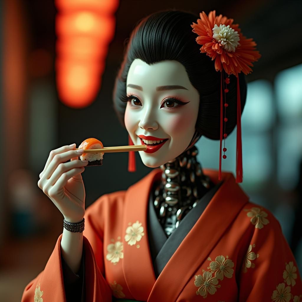 Happy Robotic Geisha Enjoys Sushi: Cinematic Portrait