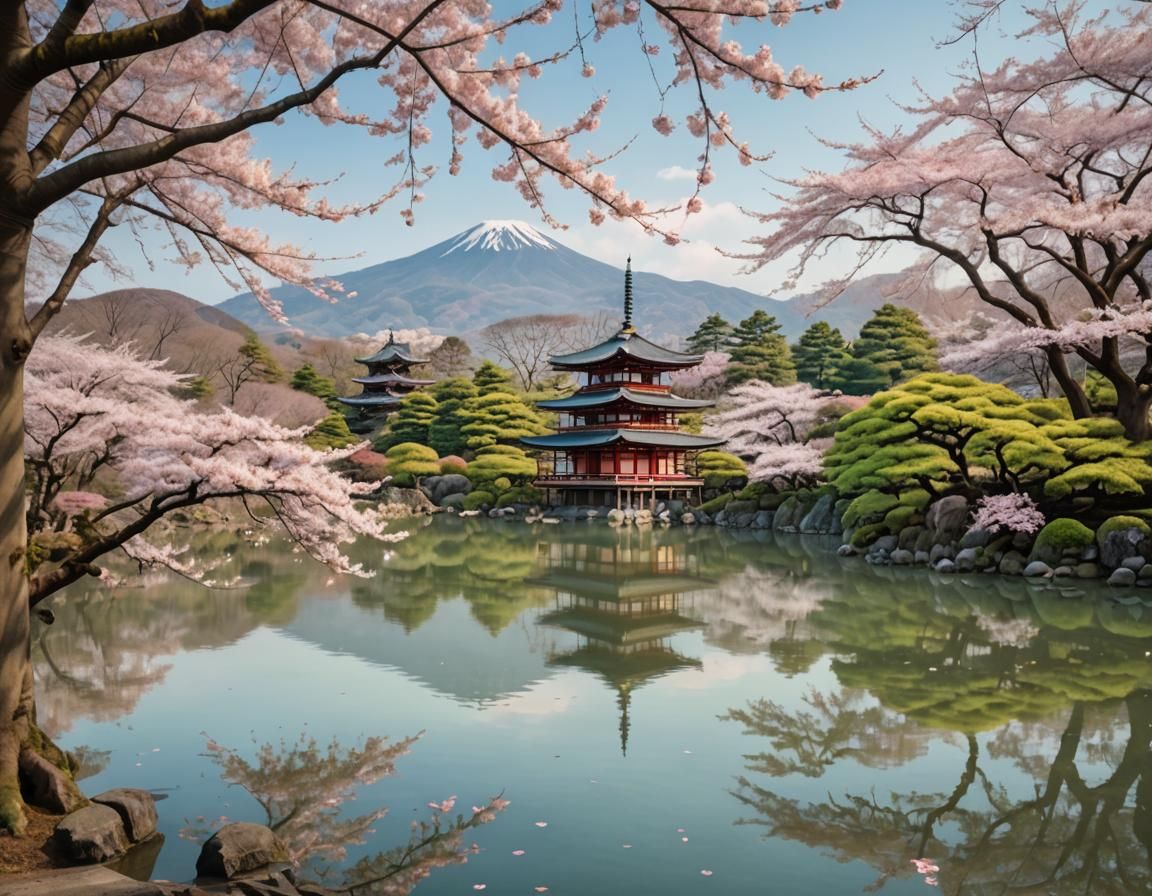 Serene Japanese Landscape with Cherry Blossoms