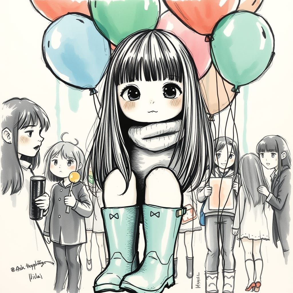 Whimsical Girl's Expressive Charcoal Sketch with Balloons