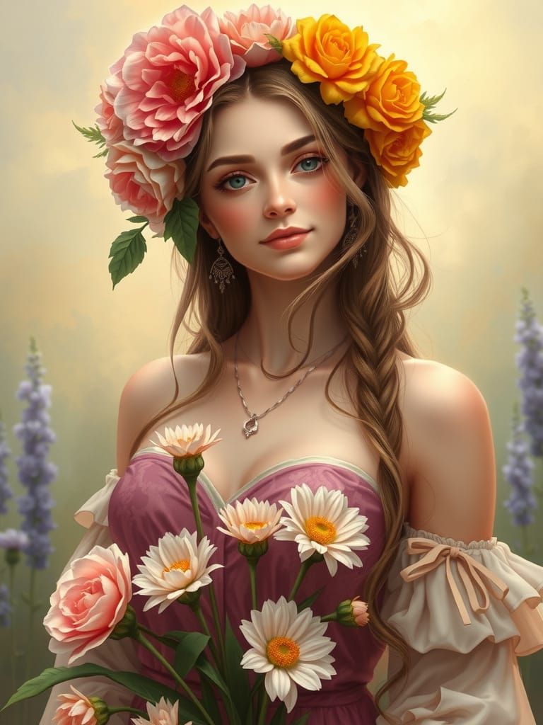 Summer's Radiant Maiden with Flowers