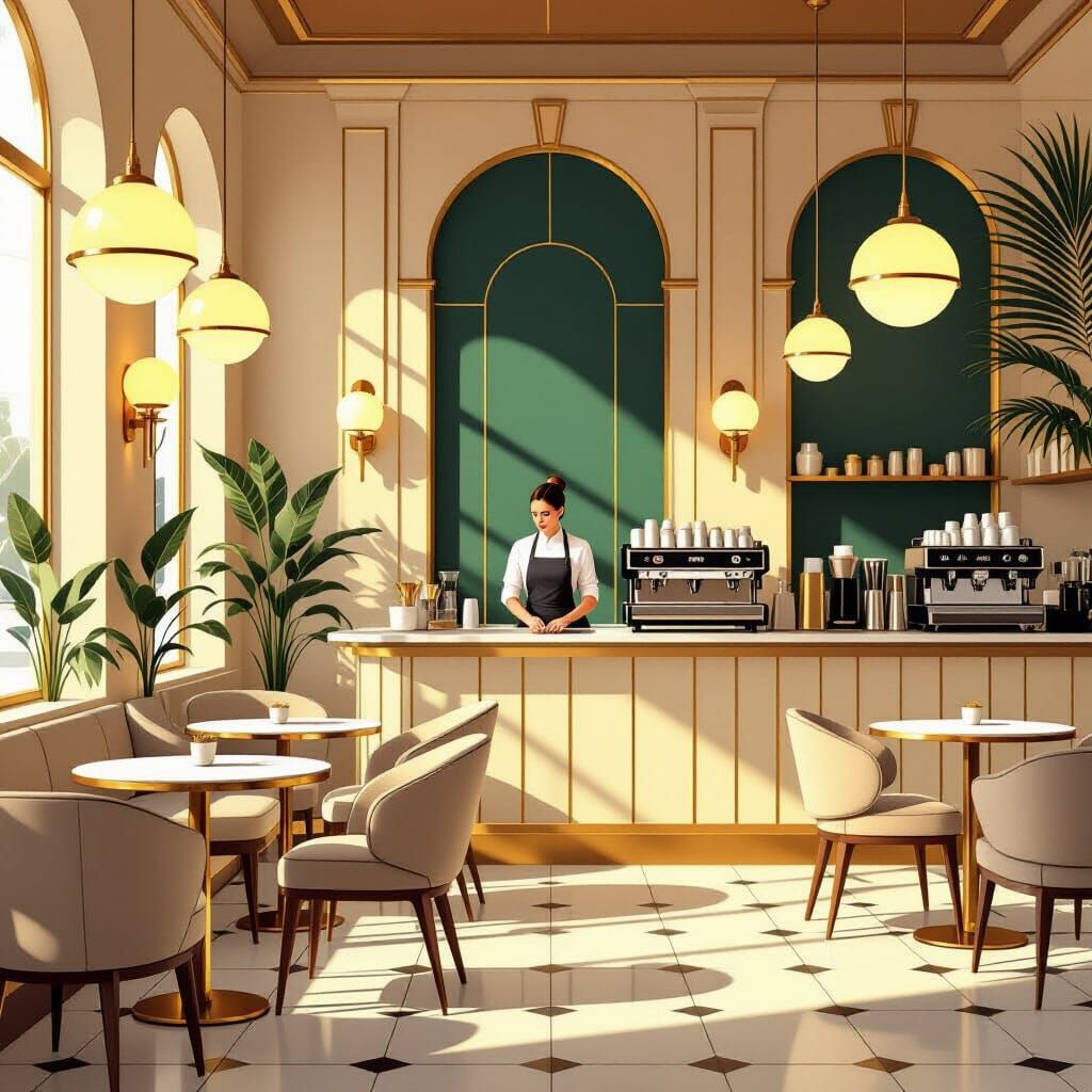 Minimal Art Deco Coffeehouse with Gold Accents