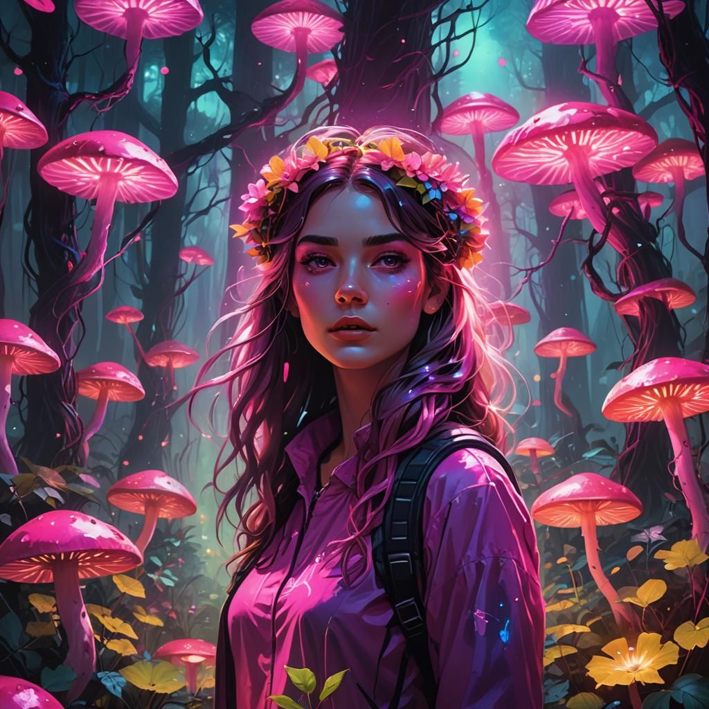 Synthwave Girl in Neon Forest, 8K Oil Painting
