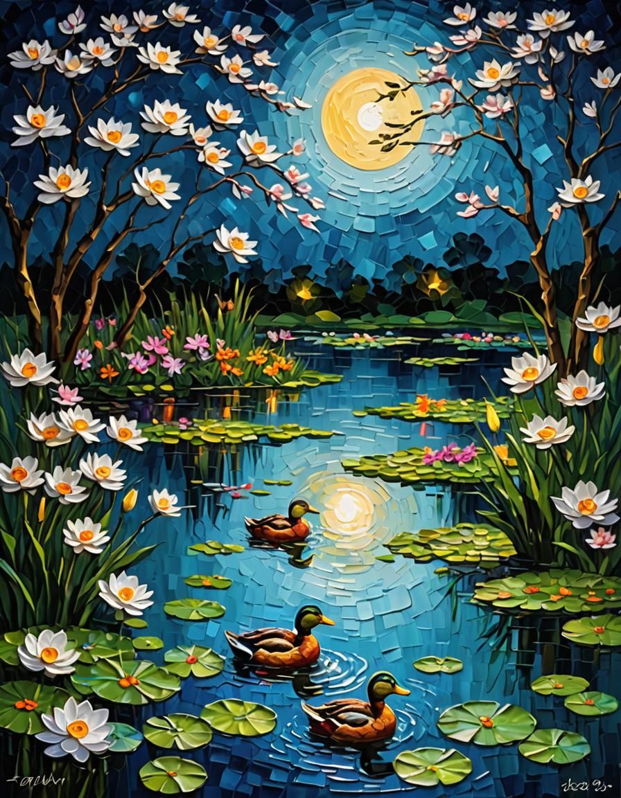 IMPASTO PAINTING :: a canvas applying exquisite impasto technique  to showcase a contemporary scenery of “moonlit eye-so...