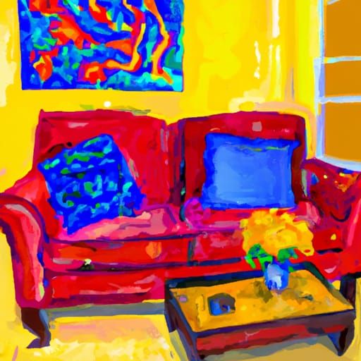 Expressionist Living Room with Red Loveseat as Impasto Paint...