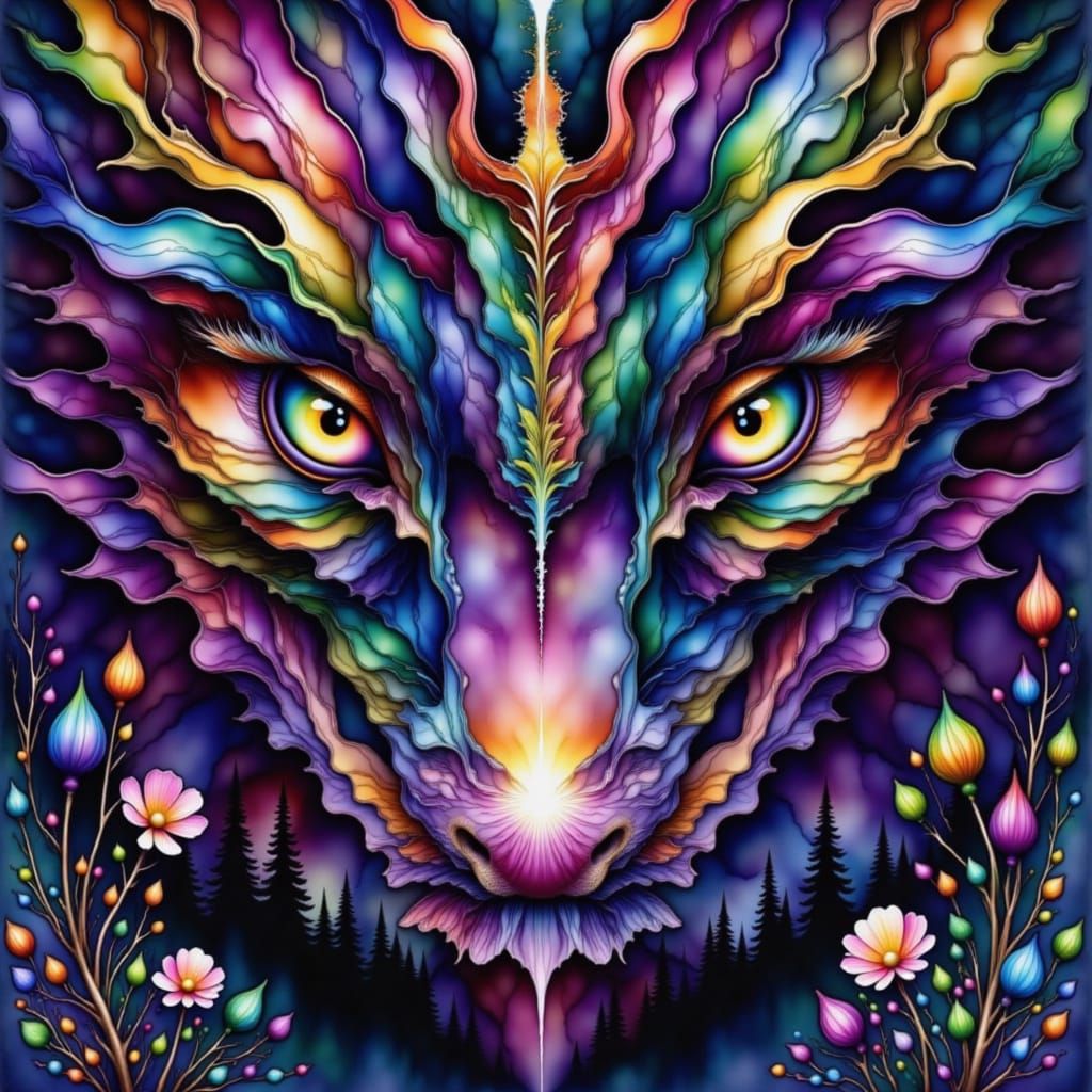 Draco Dragon Face with Watercolor Fusion Fire Background