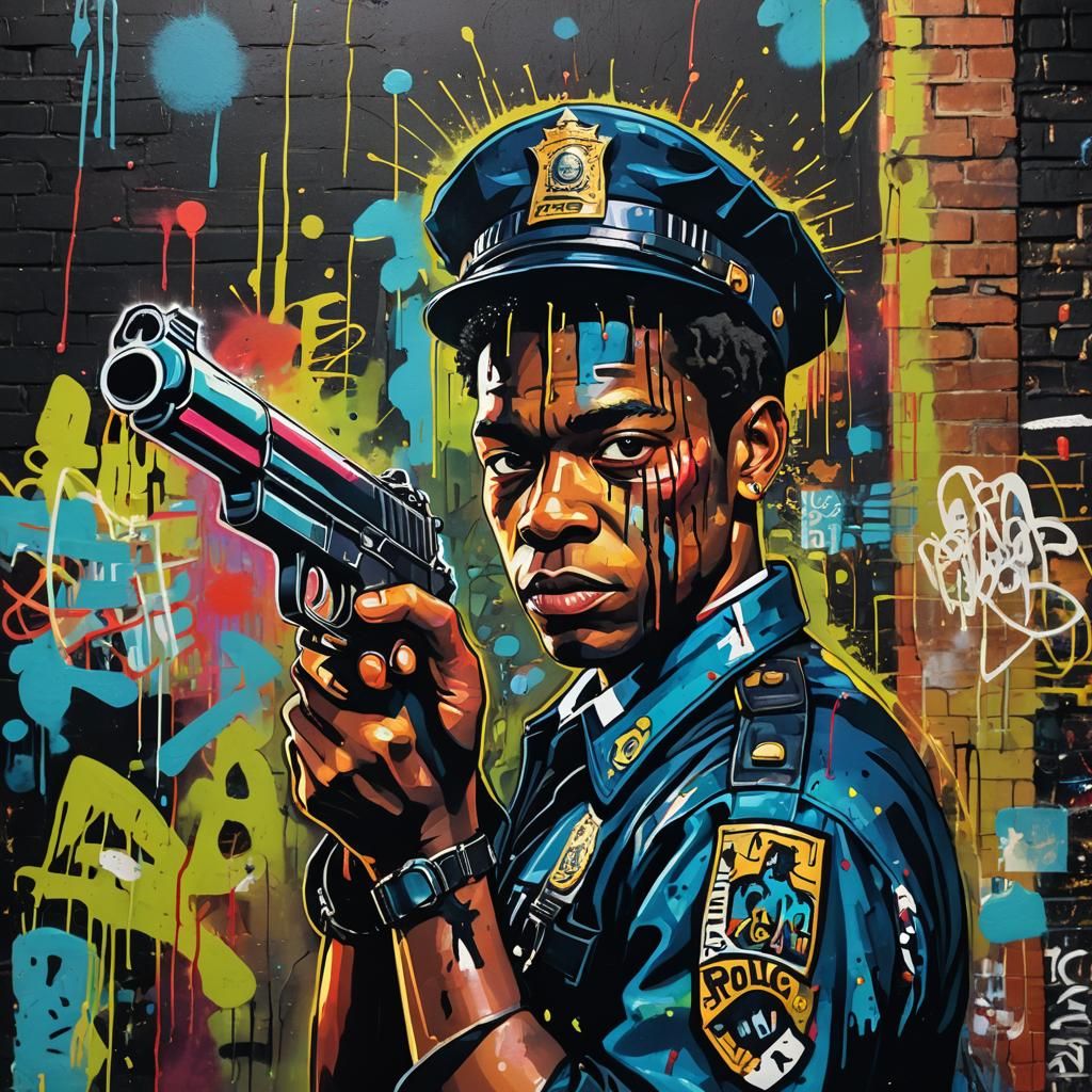 Police Officer in Alleyway: Graffiti Art Inspired by Basquia...